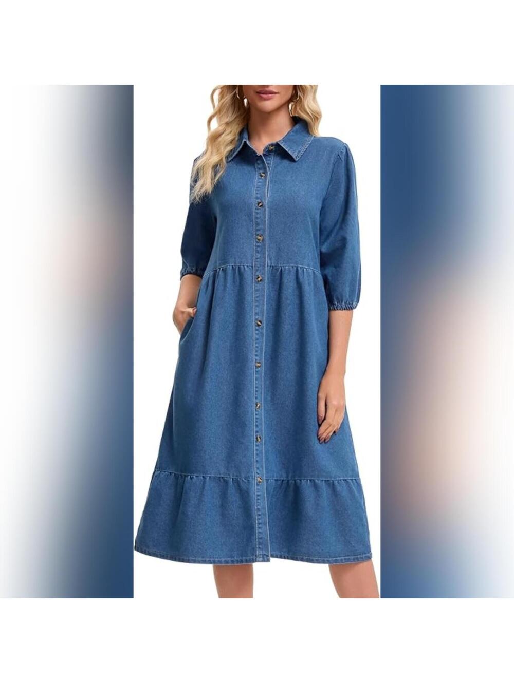 NWT CIMUK 3/4 Sleeve Button Down Collar A Line Swing Tiered Denim Dress, XL